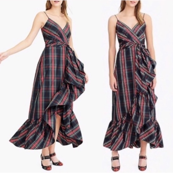 J. Crew Stewart Tartan Plaid Faux Wrap Ruffle Midi Dress 16 NWT - Picture 2 of 10